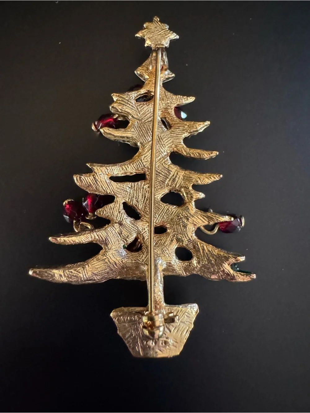 Vintage Avon Christmas Tree Brooch - Enamel & Dangling Red Glass